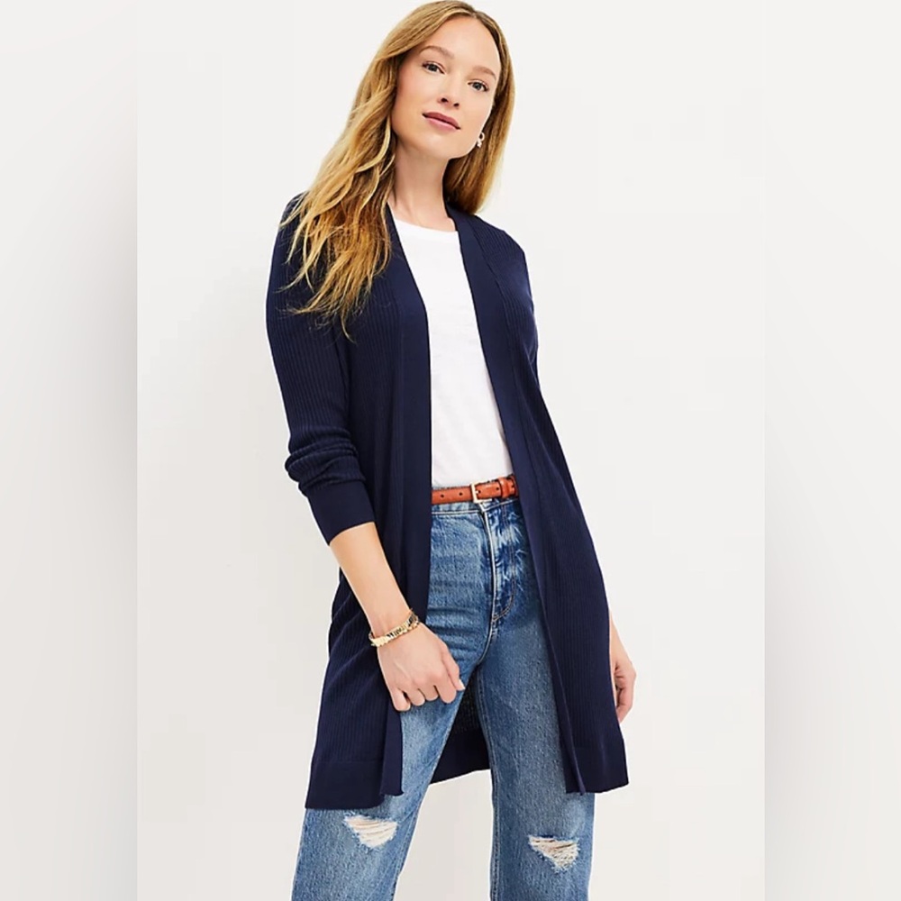 NWT - LOFT Open Front Lightweight Ribbed Long Cardigan - Navy